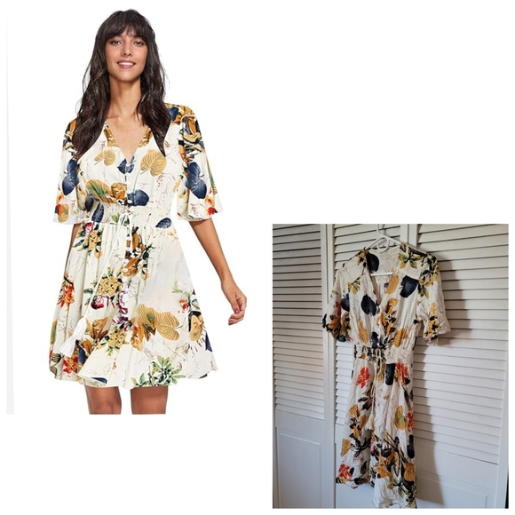 Boutique Dresses & Skirts - BOUTIQUE Boho Floral Rayon Dress w. Tassel Ties, Size S